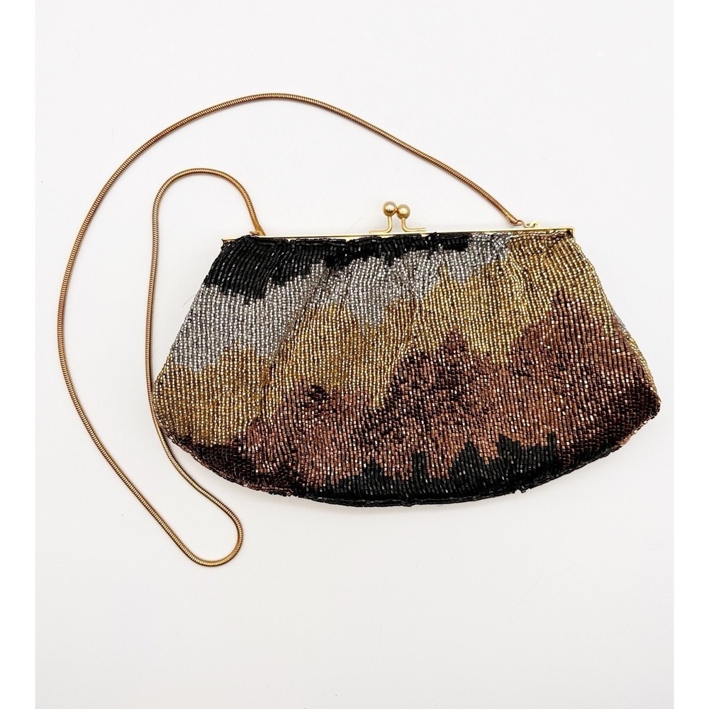 Vintage Geromes Gold Black Beaded Kisslock Closure Evening Clutch Shoulder‎ Bag